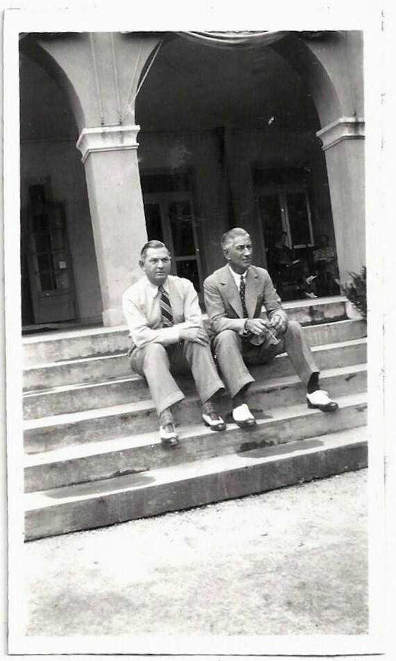 Old Photo 2 Men Sitting on Steps wearing Suits and Wingtip Shoes 1930s Photograph Snapshot Vintage