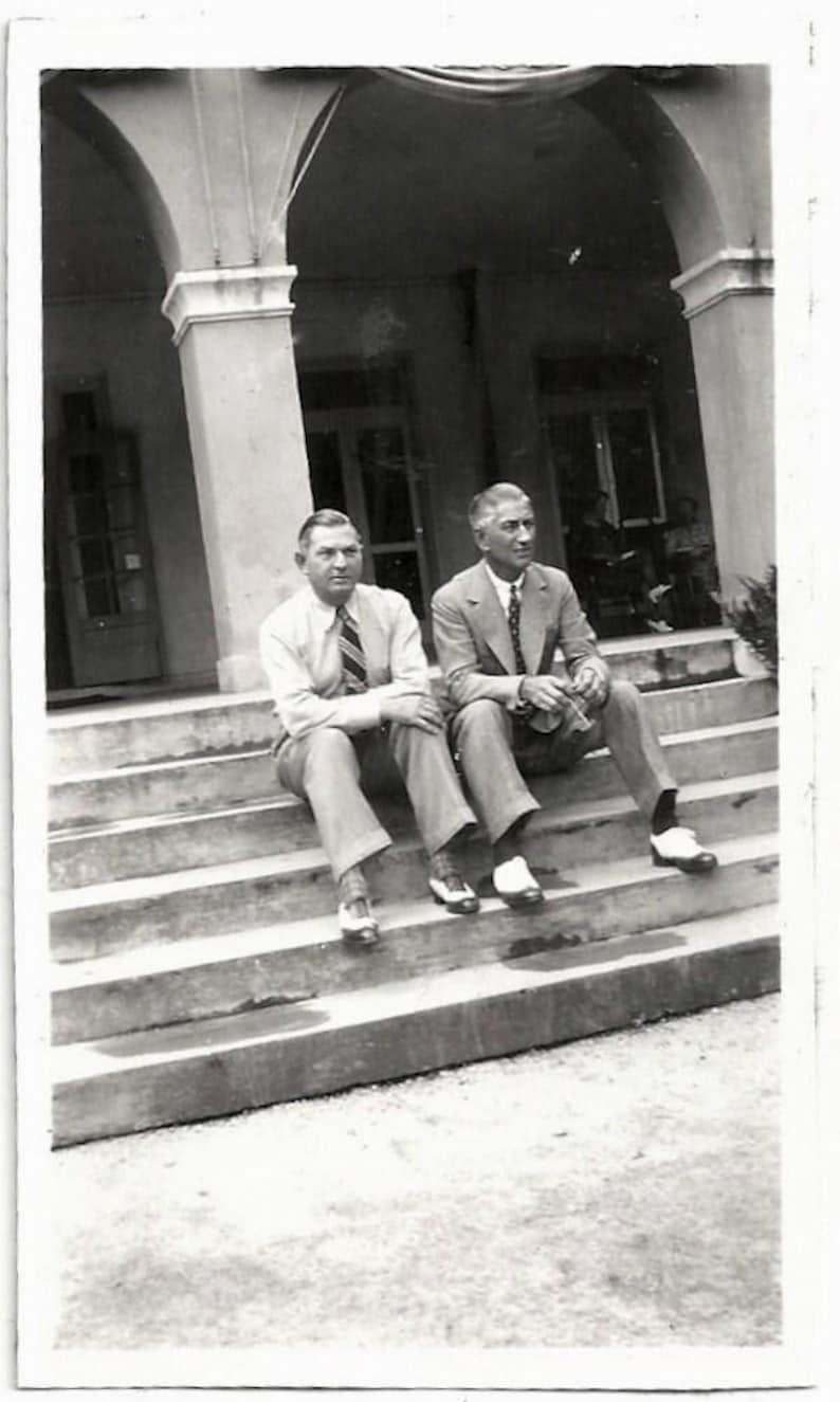 Old Photo 2 Men Sitting on Steps wearing Suits and Wingtip Shoes 1930s Photograph Snapshot Vintage image 1