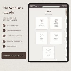 Può includere: L'agenda digitale per studenti non datata The Scholar's Agenda visualizzata su uno schermo di tablet. L'interfaccia presenta una home page con schede di navigazione per anno, mese, settimana e semestri, oltre a icone per strumenti e download.