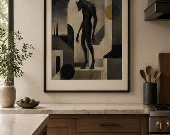 Lámina de hombre lobo de fantasía oscura, arte mural gótico surrealista, póster de criatura sombría (descarga digital)