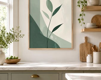 Lámina botánica abstracta, arte mural en acuarela verde, decoración bohemia zen (descarga digital)