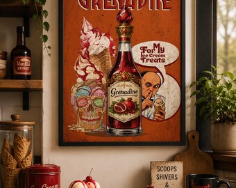 Póster vintage de helados de Halloween, arte mural de terror retro espeluznante (descarga digital)