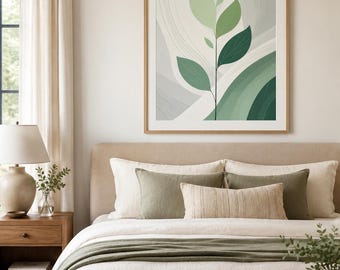 Estampado de helecho Japandi, arte mural de montaña verde salvia, arte botánico lineal (descarga digital)