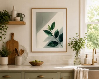 Lámina decorativa botánica para pared, hoja verde, decoración minimalista para cocina (descarga digital)