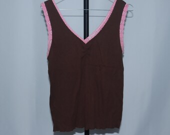 One Step Up Vintage Tanktop met Kanten Afwerking voor Dames, Bruin, V-hals, Maat L