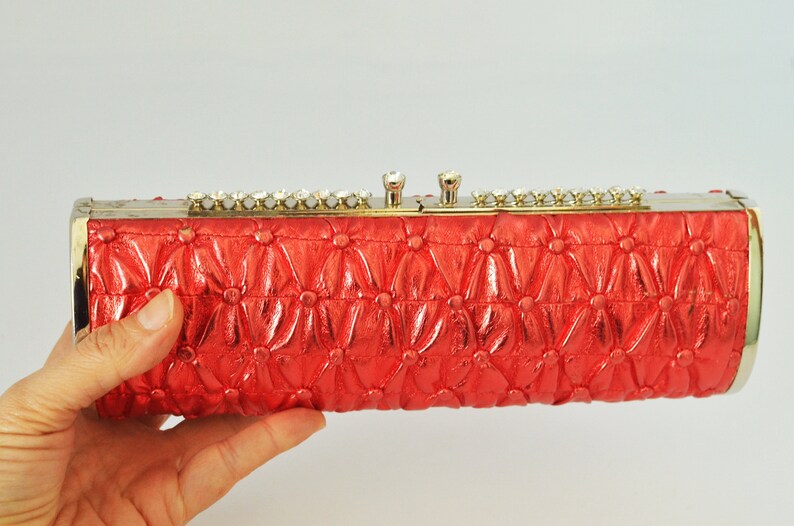 Red Lame Vinyl Purse Women Handbag Vintage 60s Classic Bag Elegant Evening Wallet Coin purse