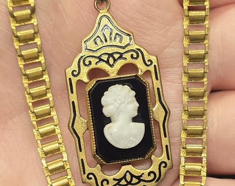 Vintage art-deco cameehangerketting, zwarte imitatie-onyx, goudkleurige boekenkettingchoker