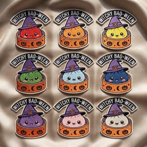 May include: Nine embroidered patches featuring a cute bao bun wearing a purple witch hat. Each bun is a different color, sitting in an orange steamer basket decorated with pumpkins and moons. The text WITCHY BAO-WEEN is arched above each character.