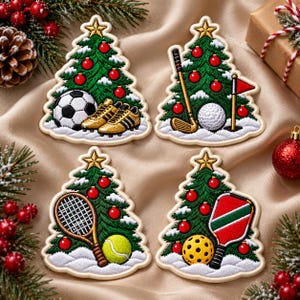 May include: Four embroidered patches shaped like Christmas trees, each topped with a gold star and decorated with red ornaments and snow. The designs feature a soccer ball with cleats, a golf club with a ball and flag, a tennis racket with a ball, and a pickleball paddle with a ball.