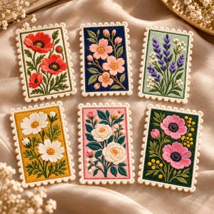 May include: Six rectangular embroidered patches shaped like postage stamps with scalloped edges. Each patch features a unique floral design: red poppies, pink cherry blossoms, purple lavender, white daisies, white roses, and pink anemones.