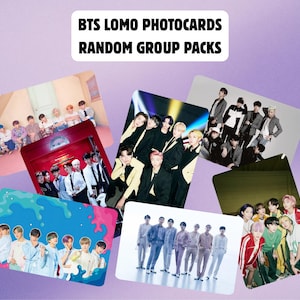 May include: A collection of rectangular BTS Lomo photocards featuring various group portraits and individual member shots. The cards display diverse photographic styles, including studio portraits, casual group settings, and graphic designs with text.