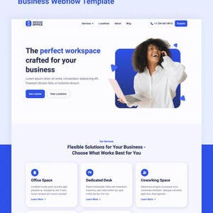 May include: A website template for Serviced Office featuring a white background with blue accents. The header includes navigation links, a phone number, and an Enquire button. The hero section displays text, a laptop, and a person on a phone.