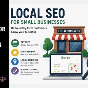 May include: An infographic titled LOCAL SEO FOR SMALL BUSINESSES featuring a storefront illustration, a smartphone displaying a map with a red location pin, a laptop showing search results, a magnifying glass, and a list of optimization steps.