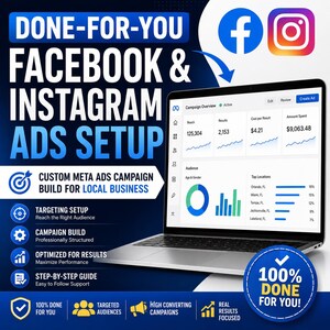 Può includere: Un portatile che mostra una dashboard di una campagna Meta con analisi, circondato da testo che pubblicizza la configurazione di annunci Facebook e Instagram, il targeting e l'ottimizzazione dei risultati per le aziende locali.