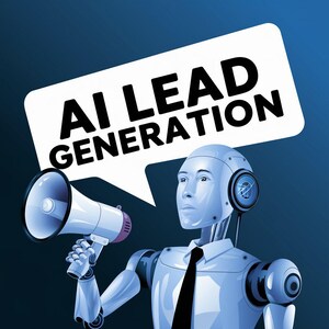 Könnte beinhalten: Eine hellblaue Roboterfigur mit schwarzer Krawatte und Kopfhörern, die ein Megafon hält. Über dem Roboter befindet sich eine weiße Sprechblase mit dem schwarzen Text AI LEAD GENERATION vor einem dunkelblauen Hintergrund.