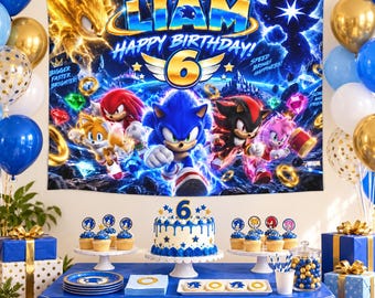 Sonic Birthday Tapestry, Custom Name and Age Banner, Sonic Party Backdrop, Personalized Birthday Wall Hanging Decor