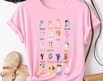 Leuke blauwe cartoon hond familieshirt, cartoon puppy vrienden T-shirt, kinderen cartoon grafisch T-shirt, zacht katoen casual tee, cadeau voor cartoonliefhebbers