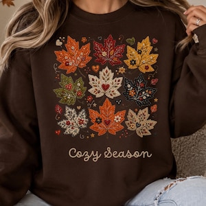 Cozy Season Sweatshirt, Faux Patchwork Fall Leaves Shirt, Autumn Maple Leaf Crewneck, Cute Fall Sweater Women, Cozy Season Fall Shirt