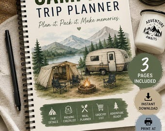 1 Planificador de viaje de camping imprimible / Lista de verificación para acampar en autocaravana / Planificador de camping / Planificador de comidas y compras / Descarga instantánea