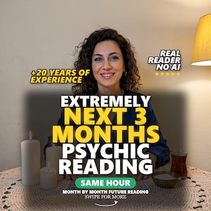 May include: A person with curly dark hair sits behind a table with three white pillar candles, a small bowl, and a glass of tea. Text overlays read: +20 YEARS OF EXPERIENCE, REAL READER NO AI, EXTREMELY NEXT 3 MONTHS PSYCHIC READING, SAME HOUR, MONTH BY MONTH FUTURE READING, SWIPE FOR MORE.