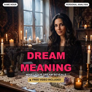 May include: A person with long dark hair sits at a table with candles, crystals, and cards. Text reads: SAME HOUR, PERSONAL ANALYSIS, DREAM MEANING, WHAT YOUR DREAM REVEALS, FREE VIDEO INCLUDED. The setting includes a lace tablecloth and dim lighting.