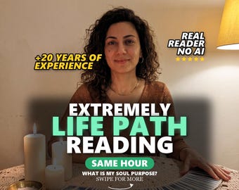 May include: A person with curly hair sits behind a table with three white candles, a small bowl, and a fan of tarot cards. Text overlays read: +20 YEARS OF EXPERIENCE, REAL READER NO AI, EXTREMELY LIFE PATH READING, SAME HOUR, WHAT IS MY SOUL PURPOSE? SWIPE FOR MORE.