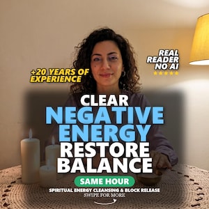 May include: A person sits behind a table with three white pillar candles and a small bowl. Text overlays read: +20 YEARS OF EXPERIENCE, REAL READER NO AI, CLEAR NEGATIVE ENERGY RESTORE BALANCE, SAME HOUR, SPIRITUAL ENERGY CLEANSING & BLOCK RELEASE, SWIPE FOR MORE.