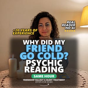 May include: A person with curly hair sits behind a table with three white candles and a tarot card. Text overlays read: +20 YEARS OF EXPERIENCE, REAL READER NO AI, WHY DID MY FRIEND GO COLD? PSYCHIC READING, SAME HOUR, FRIENDSHIP FALLOUT & SILENT TREATMENT.