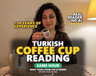 May include: A small white ceramic Turkish coffee cup with intricate red and black patterns, held in a hand. Text overlays include +20 YEARS OF EXPERIENCE, REAL READER NO AI, TURKISH COFFEE CUP READING, SAME HOUR, and WHAT YOUR COFFEE CUP IS HIDING.