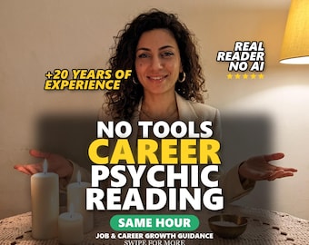 May include: A person with curly hair behind a table with three white pillar candles and a small bowl. Text overlays read: +20 YEARS OF EXPERIENCE, REAL READER NO AI, NO TOOLS CAREER PSYCHIC READING, SAME HOUR, JOB & CAREER GROWTH GUIDANCE, SWIPE FOR MORE.