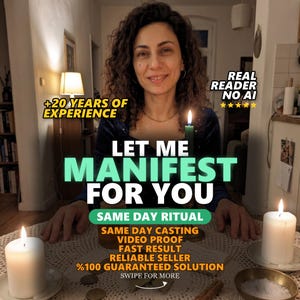 May include: A person behind a table with three lit candles, including one green candle. Text overlays read: +20 YEARS OF EXPERIENCE, REAL READER NO AI, LET ME MANIFEST FOR YOU, SAME DAY RITUAL, SAME DAY CASTING, VIDEO PROOF, FAST RESULT, RELIABLE SELLER, %100 GUARANTEED SOLUTION, SWIPE FOR MORE.