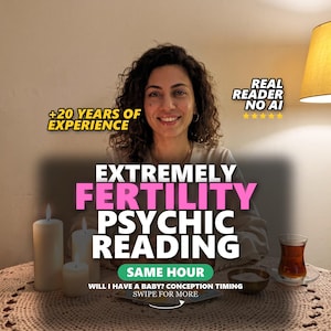 May include: A person with curly dark hair sits behind a table with three white pillar candles, a small bowl, and a glass of tea. Text overlays read: +20 YEARS OF EXPERIENCE, REAL READER NO AI, EXTREMELY FERTILITY PSYCHIC READING, SAME HOUR, WILL I HAVE A BABY? CONCEPTION TIMING, SWIPE FOR MORE.