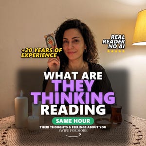 May include: A tarot card reading service advertisement featuring text that reads +20 YEARS OF EXPERIENCE, REAL READER NO AI, WHAT ARE THEY THINKING READING, SAME HOUR, THEIR THOUGHTS & FEELINGS ABOUT YOU, and SWIPE FOR MORE with candles and tea.