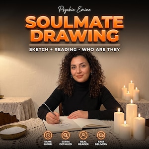 May include: A person with curly hair wearing a black turtleneck, drawing in a notebook with a pencil. Text reads: Psychic Emine SOULMATE DRAWING SKETCH + READING - WHO ARE THEY. Below are icons for SAME HOUR, EXTRA DETAILED, REAL READER, FAST DELIVERY.
