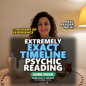 May include: A person with curly dark hair sits behind a table with three white pillar candles, a small bowl, and a glass of tea. Text overlays read: +20 YEARS OF EXPERIENCE, REAL READER NO AI, EXTREMELY EXACT TIMELINE PSYCHIC READING, SAME HOUR, WHEN WILL IT HAPPEN? SWIPE FOR MORE.