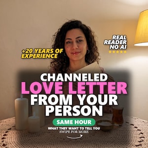May include: A person holding a white envelope with text overlays reading +20 YEARS OF EXPERIENCE, REAL READER NO AI, CHANNELED LOVE LETTER FROM YOUR PERSON, SAME HOUR, WHAT THEY WANT TO TELL YOU, and SWIPE FOR MORE, with candles and a glass of tea.