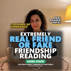 May include: A person with dark curly hair sits behind a table with two white pillar candles. Text overlays read: +20 YEARS OF EXPERIENCE, REAL READER NO AI, EXTREMELY REAL FRIEND OR FAKE FRIENDSHIP READING, SAME HOUR, THE TRUTH ABOUT SOMEONE IN YOUR CIRCLE, SWIPE FOR MORE.