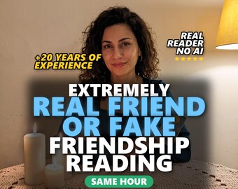 May include: A person with dark curly hair sits behind a table with two white pillar candles. Text overlays read: +20 YEARS OF EXPERIENCE, REAL READER NO AI, EXTREMELY REAL FRIEND OR FAKE FRIENDSHIP READING, SAME HOUR, THE TRUTH ABOUT SOMEONE IN YOUR CIRCLE, SWIPE FOR MORE.