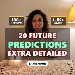 May include: A digital graphic featuring the text 20 FUTURE PREDICTIONS EXTRA DETAILED and SAME HOUR. The image displays 100+ REVIEWS with five stars and 1.1K+ SALES. Three white pillar candles sit on a round crocheted mat in front of a person.