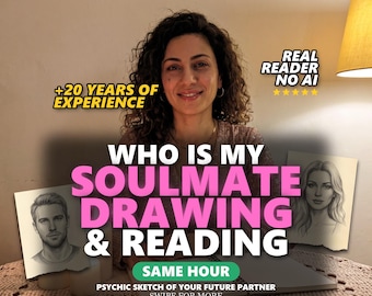 May include: A person with curly hair sits behind a table with two pencil sketches of faces. Text overlays read: +20 YEARS OF EXPERIENCE, REAL READER NO AI, WHO IS MY SOULMATE DRAWING & READING, SAME HOUR, PSYCHIC SKETCH OF YOUR FUTURE PARTNER, SWIPE FOR MORE.