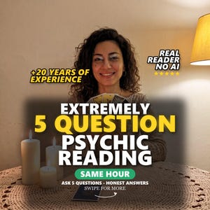 May include: A psychic reading service advertisement featuring text that reads +20 YEARS OF EXPERIENCE, REAL READER NO AI, EXTREMELY 5 QUESTION PSYCHIC READING, SAME HOUR, ASK 5 QUESTIONS - HONEST ANSWERS, and SWIPE FOR MORE, with three white candles.