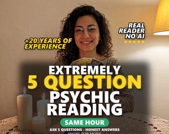 May include: A psychic reading service advertisement featuring text that reads +20 YEARS OF EXPERIENCE, REAL READER NO AI, EXTREMELY 5 QUESTION PSYCHIC READING, SAME HOUR, ASK 5 QUESTIONS - HONEST ANSWERS, and SWIPE FOR MORE, with three white candles.