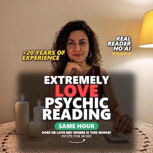 May include: A psychic reading service advertisement featuring text that reads +20 YEARS OF EXPERIENCE, REAL READER NO AI, EXTREMELY LOVE PSYCHIC READING, SAME HOUR, DOES HE LOVE ME? WHERE IS THIS GOING? SWIPE FOR MORE, with three white pillar candles.