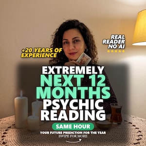 May include: A psychic reading service advertisement featuring text that reads +20 YEARS OF EXPERIENCE, REAL READER NO AI, EXTREMELY NEXT 12 MONTHS PSYCHIC READING, SAME HOUR, YOUR FUTURE PREDICTION FOR THE YEAR, and SWIPE FOR MORE with a tarot card.