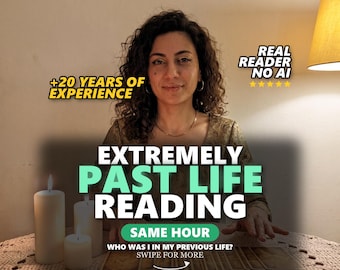 May include: A person with curly hair sits behind a table with three white candles and a row of tarot cards. Text overlays read +20 YEARS OF EXPERIENCE, REAL READER NO AI, EXTREMELY PAST LIFE READING, SAME HOUR, WHO WAS I IN MY PREVIOUS LIFE? SWIPE FOR MORE.