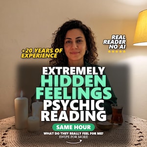 May include: A person with curly hair sits behind a table with three white pillar candles, a small bowl, and a glass of tea. Text overlays read: +20 YEARS OF EXPERIENCE, REAL READER NO AI, EXTREMELY HIDDEN FEELINGS PSYCHIC READING, SAME HOUR, WHAT DO THEY REALLY FEEL FOR ME? SWIPE FOR MORE.