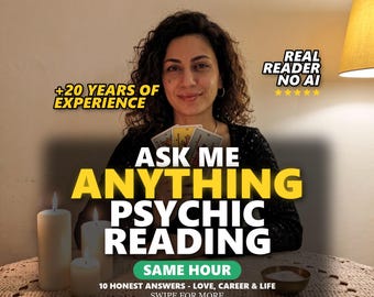 以下が含まれることがあります： タロットカードを持つ人物と、+20 YEARS OF EXPERIENCE、REAL READER NO AI、ASK ME ANYTHING PSYCHIC READING、SAME HOUR、10 HONEST ANSWERS - LOVE, CAREER & LIFE、SWIPE FOR MOREというテキスト、および3本の白いキャンドルが写っています。