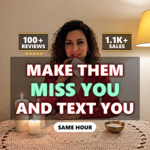 May include: A person in a red shirt sits behind a table with three white pillar candles and a small metal bowl containing white salt. Text overlays read 100+ REVIEWS, 1.1K+ SALES, MAKE THEM MISS YOU AND TEXT YOU, and SAME HOUR, with five yellow stars.