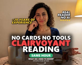 May include: A person with dark curly hair wearing a dark blue top, positioned behind a table with three white pillar candles, a small bowl, and a glass of tea. Text overlays include +20 YEARS OF EXPERIENCE, REAL READER NO AI, NO CARDS NO TOOLS CLAIRVOYANT READING, SAME HOUR, WHAT DO I NEED TO KNOW? SWIPE FOR MORE.