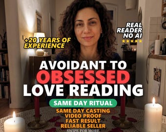 May include: A person with dark curly hair sits behind a table with three white candles, two red candles in brass holders, and scattered red rose petals. Text reads: +20 YEARS OF EXPERIENCE, REAL READER NO AI, AVOIDANT TO OBSESSED LOVE READING, SAME DAY RITUAL, SAME DAY CASTING, VIDEO PROOF, FAST RESULT, RELIABLE SELLER, SWIPE FOR MORE.